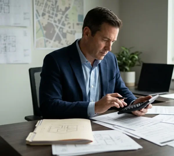 Propriétaire analysant des documents de bail avec calculatrice et dossier de caractéristiques exceptionnelles dans un bureau moderne