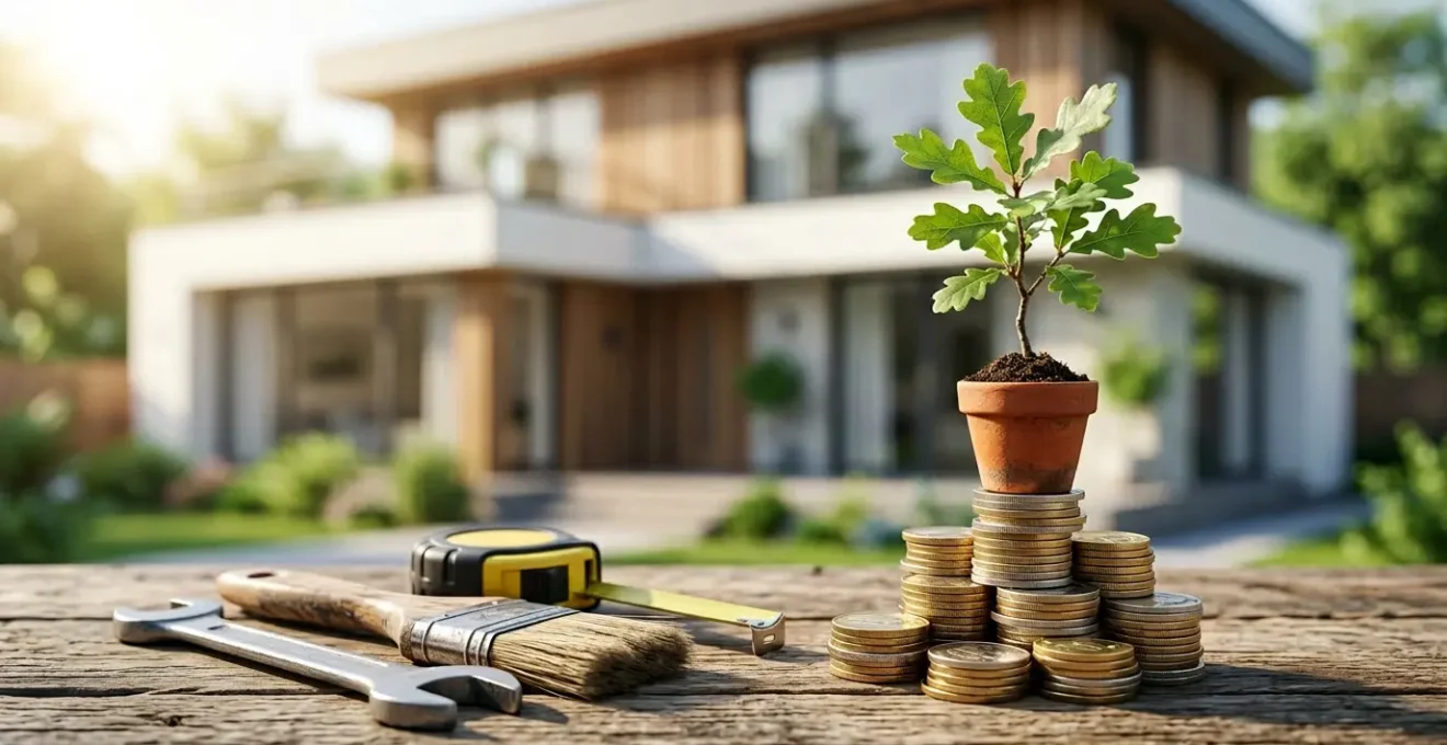 Maison moderne avec outils de maintenance et symboles de budget illustrant l'entretien préventif immobilier