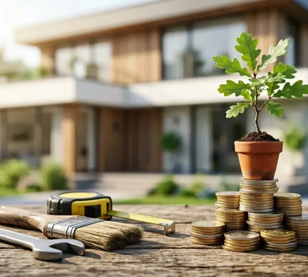 Maison moderne avec outils de maintenance et symboles de budget illustrant l'entretien préventif immobilier