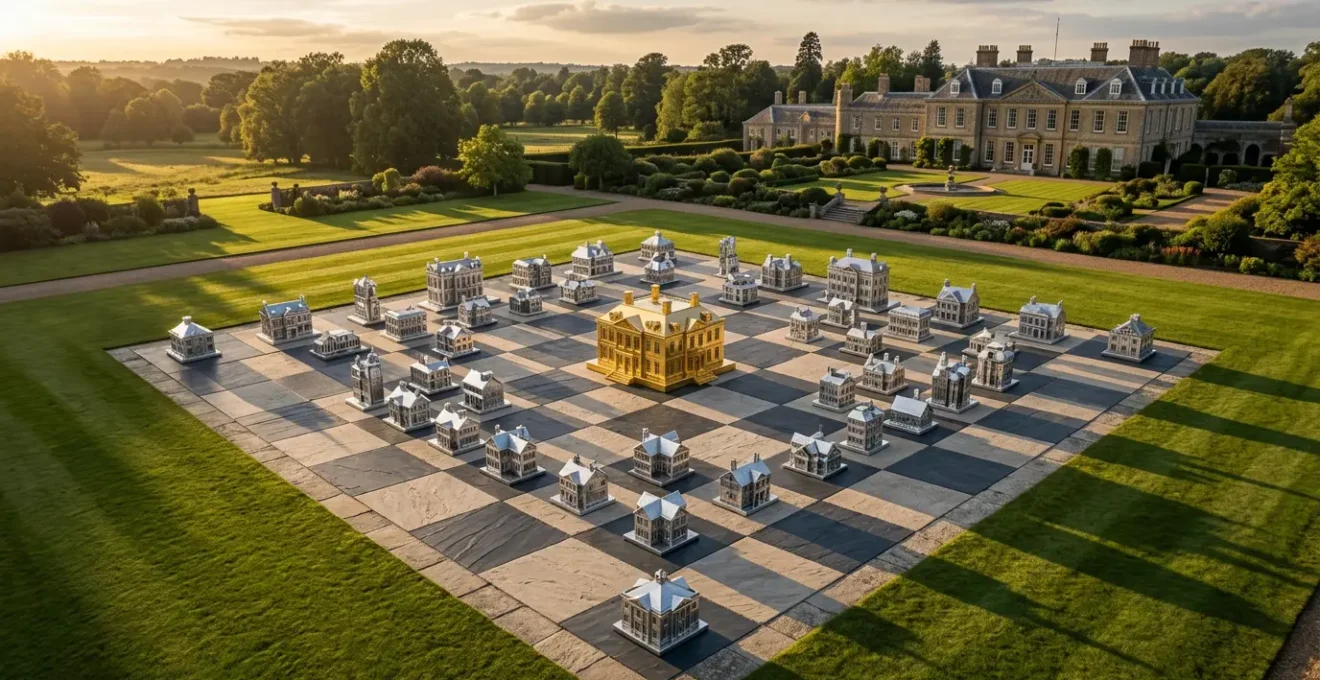 Vue aérienne d'un échiquier géant avec des pièces représentant différentes agences immobilières, une pièce centrale dorée symbolisant l'exclusivité