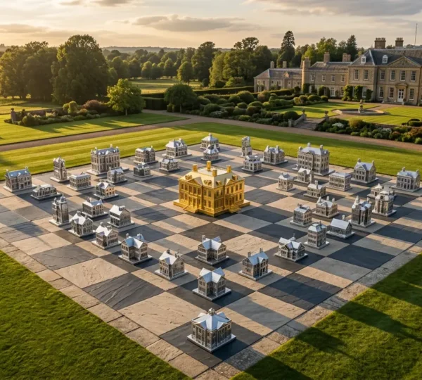 Vue aérienne d'un échiquier géant avec des pièces représentant différentes agences immobilières, une pièce centrale dorée symbolisant l'exclusivité
