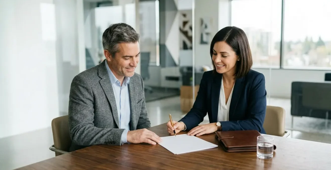 Agent immobilier et vendeur signant un contrat de mandat exclusif dans un cadre professionnel lumineux