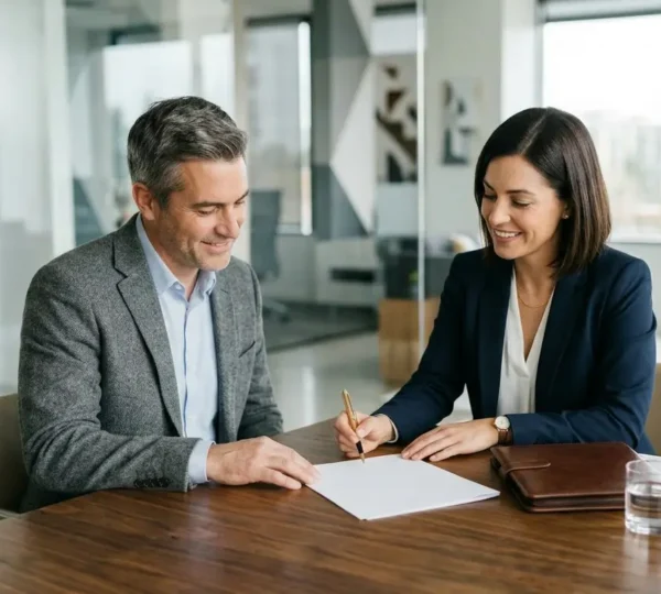 Agent immobilier et vendeur signant un contrat de mandat exclusif dans un cadre professionnel lumineux