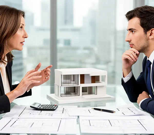 Négociation immobilière professionnelle entre vendeur et acheteur dans un bureau moderne