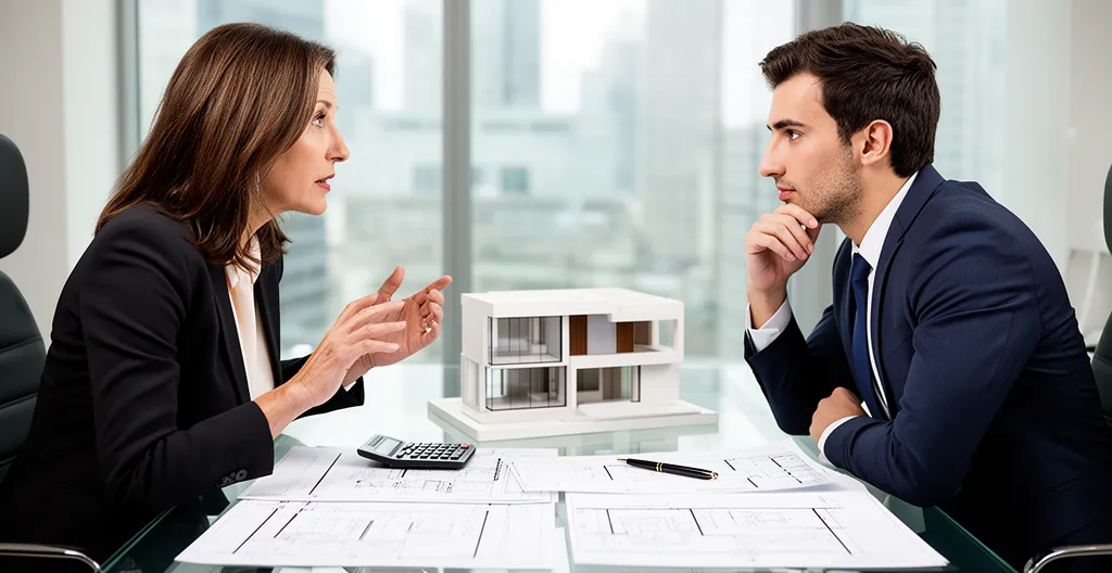 Négociation immobilière professionnelle entre vendeur et acheteur dans un bureau moderne