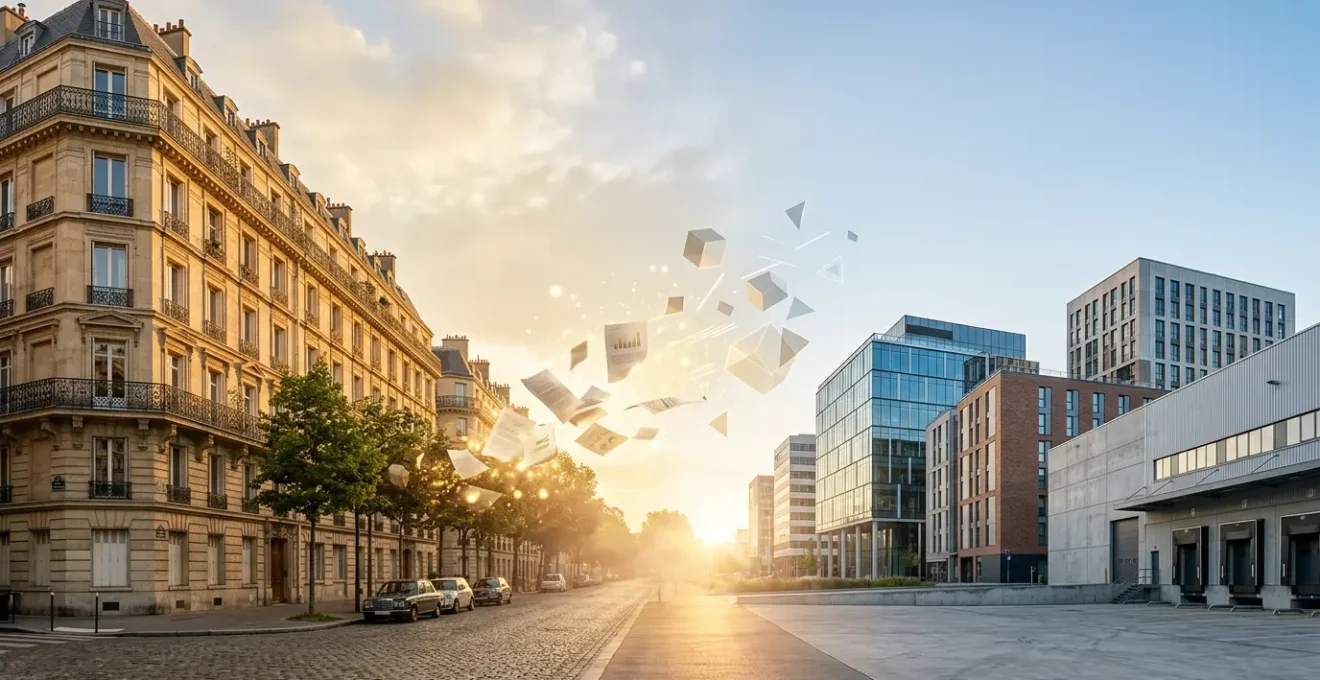 Vue panoramique montrant la transformation d'un bien immobilier ancien en opportunités d'investissement modernes diversifiées