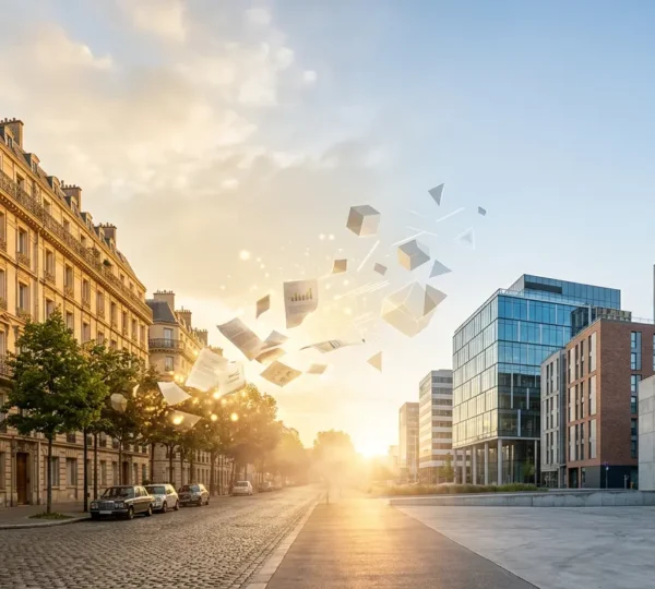 Vue panoramique montrant la transformation d'un bien immobilier ancien en opportunités d'investissement modernes diversifiées