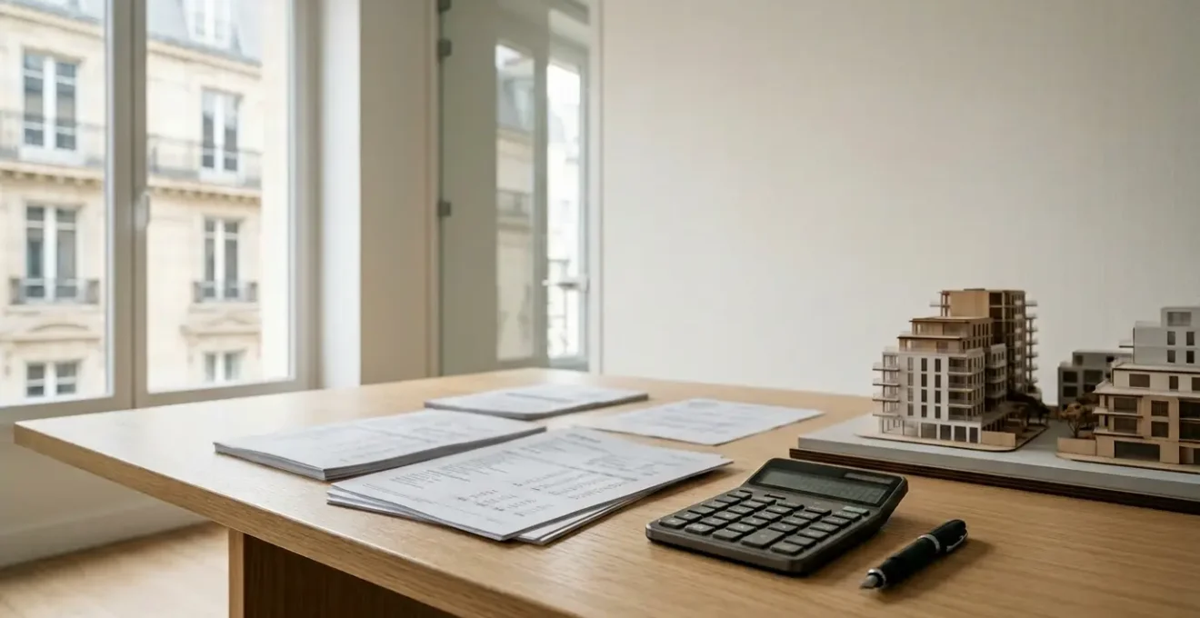 Expert fiscal analysant documents fiscaux et calculs IFI dans un bureau moderne