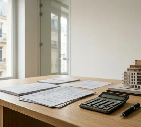 Expert fiscal analysant documents fiscaux et calculs IFI dans un bureau moderne