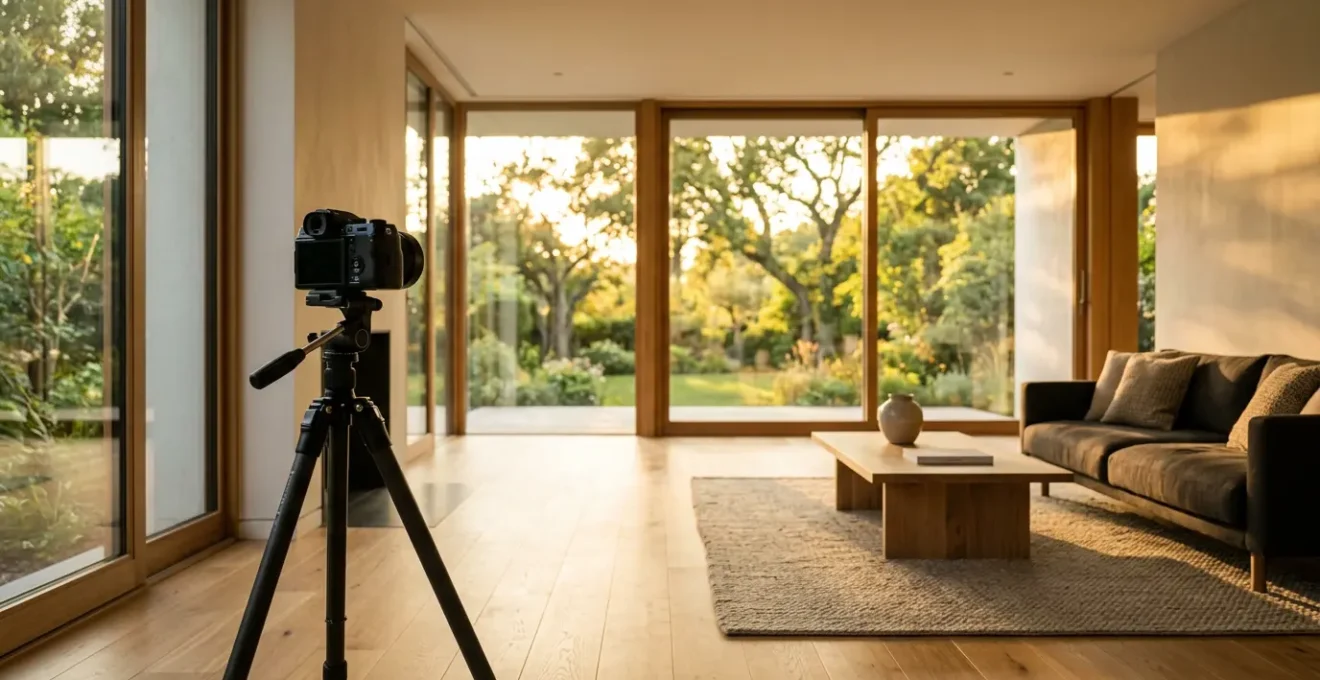 Intérieur moderne avec équipement photographique professionnel et lumière naturelle dorée