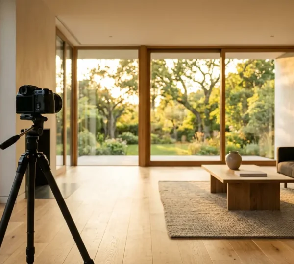 Intérieur moderne avec équipement photographique professionnel et lumière naturelle dorée