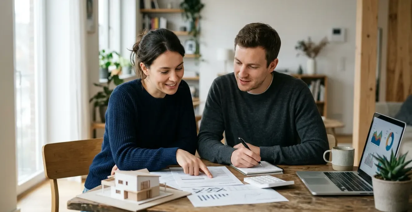 Jeune couple examinant des documents financiers devant une calculatrice et une maquette de maison