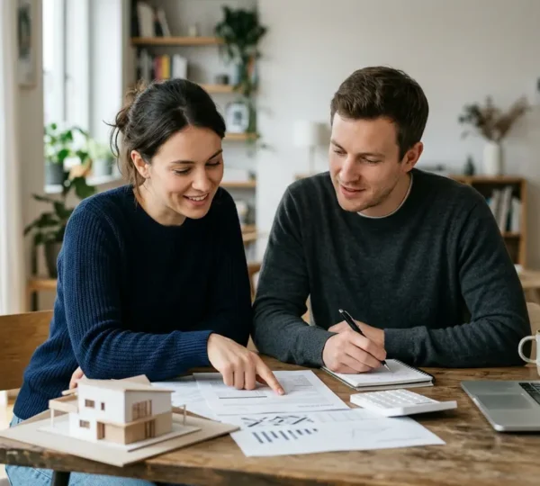 Jeune couple examinant des documents financiers devant une calculatrice et une maquette de maison