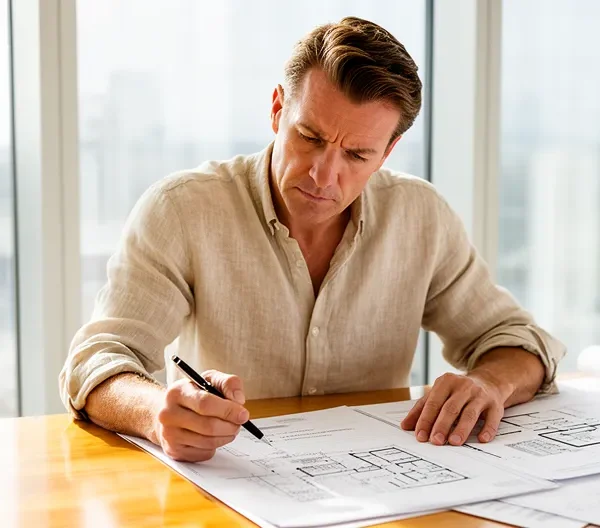 Vue d'ensemble d'un acheteur immobilier étudiant attentivement des documents avec un bien immobilier en arrière-plan