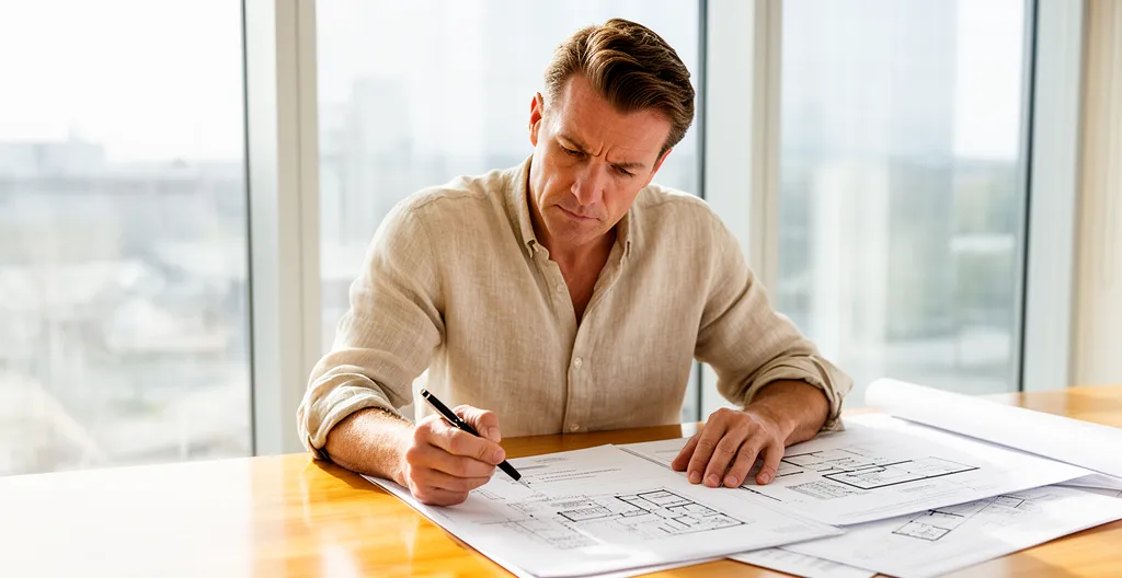 Vue d'ensemble d'un acheteur immobilier étudiant attentivement des documents avec un bien immobilier en arrière-plan