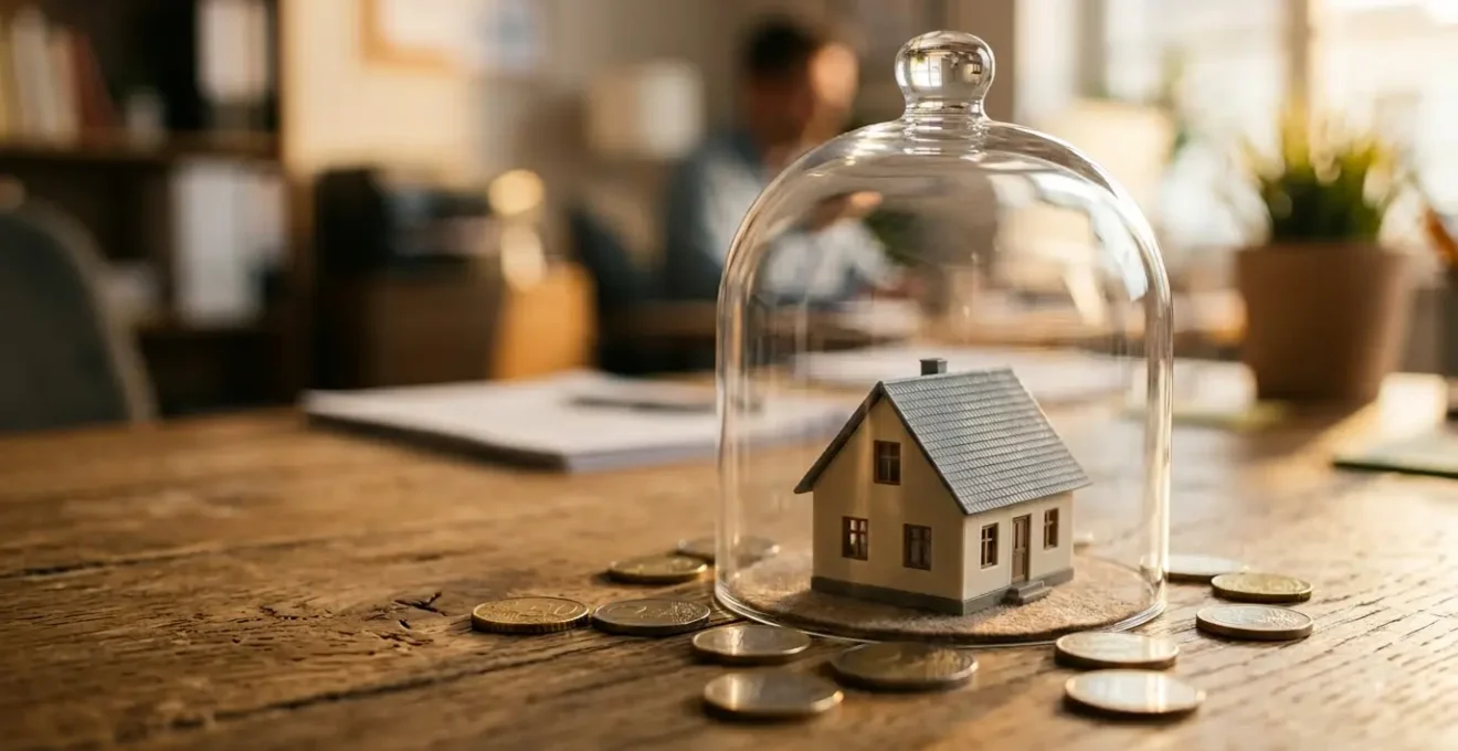 Main protectrice au-dessus d'une maison miniature et pièces d'euros symbolisant la sécurité de l'acompte immobilier