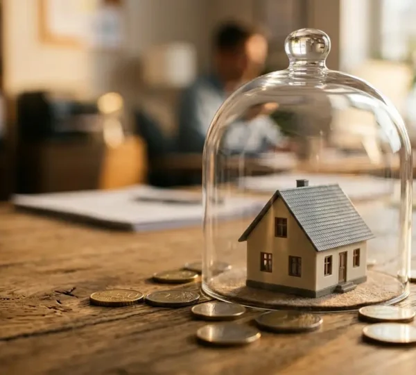 Main protectrice au-dessus d'une maison miniature et pièces d'euros symbolisant la sécurité de l'acompte immobilier