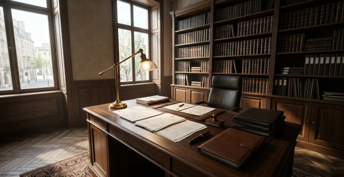 Bureau de notaire moderne avec documents immobiliers et calculatrice sur table en bois noble