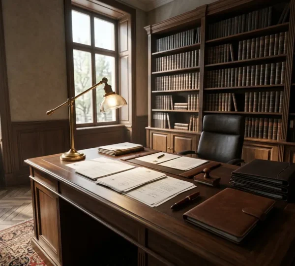 Bureau de notaire moderne avec documents immobiliers et calculatrice sur table en bois noble