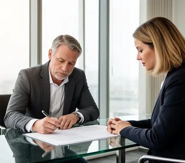Propriétaire et agent immobilier examinant un contrat de mandat de vente dans un bureau moderne