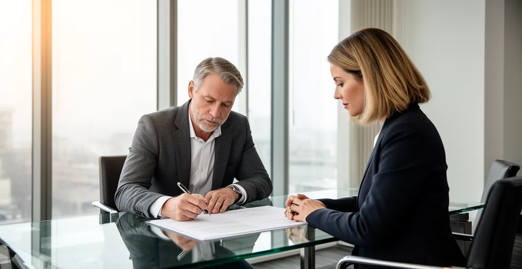 Propriétaire et agent immobilier examinant un contrat de mandat de vente dans un bureau moderne