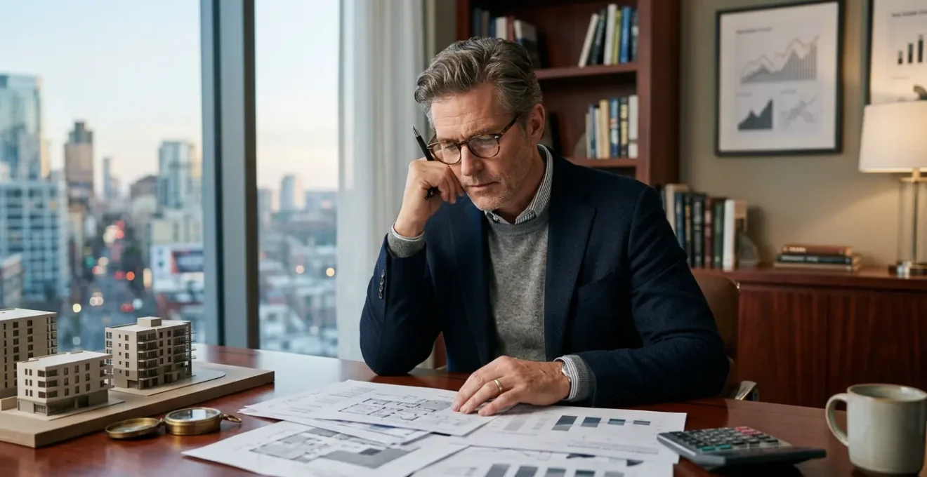 Investisseur senior analysant des documents immobiliers dans un bureau moderne avec vue sur la ville