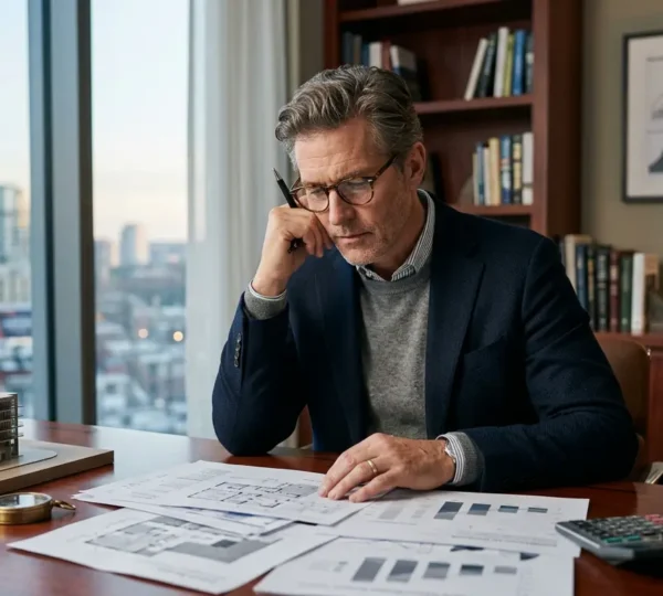 Investisseur senior analysant des documents immobiliers dans un bureau moderne avec vue sur la ville