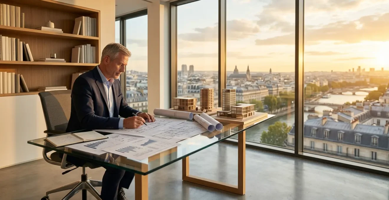 Investisseur analysant des documents immobiliers et financiers dans un bureau moderne
