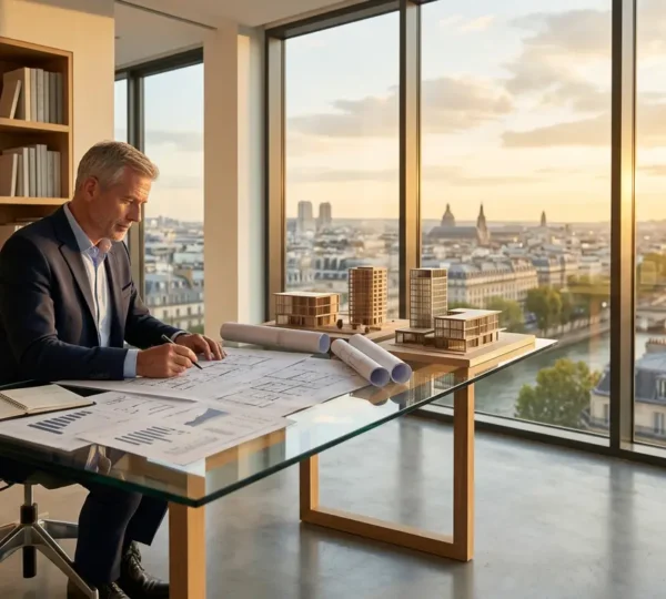 Investisseur analysant des documents immobiliers et financiers dans un bureau moderne