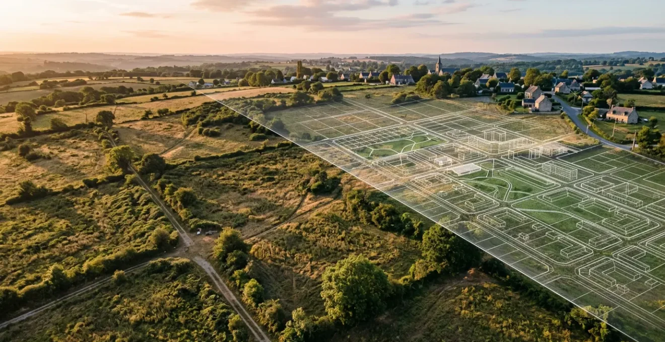 Vue aérienne d'un terrain avec superposition de plans cadastraux et projections architecturales