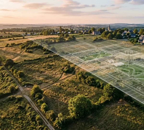Vue aérienne d'un terrain avec superposition de plans cadastraux et projections architecturales