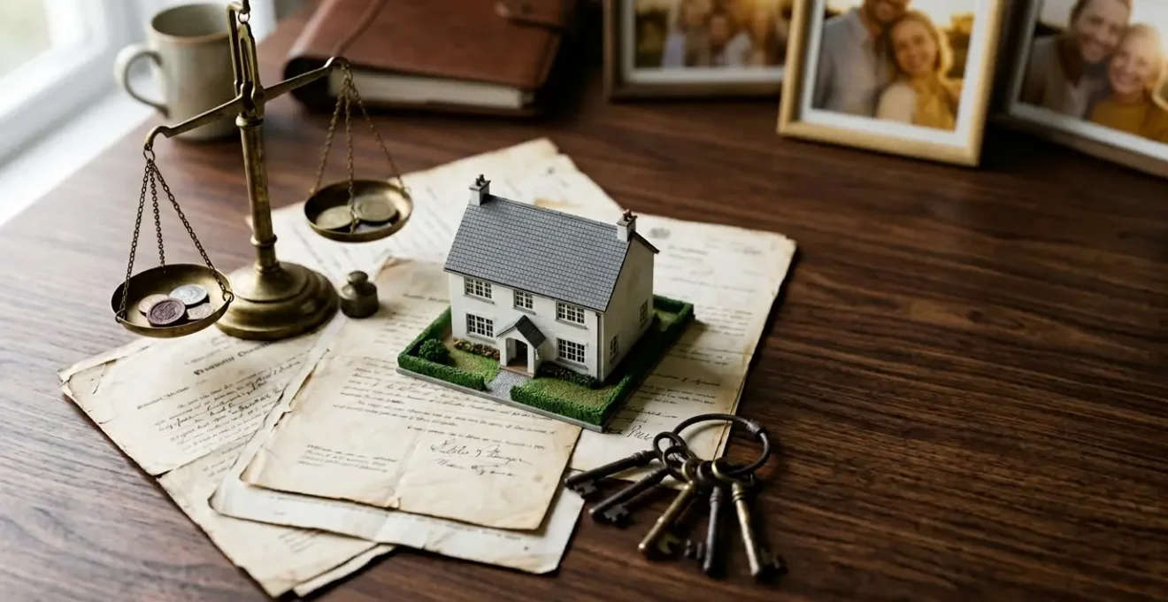 Vue en plongée d'une maison familiale entourée de documents administratifs et d'une balance symbolisant l'évaluation et l'équité fiscale dans le cadre d'une succession immobilière