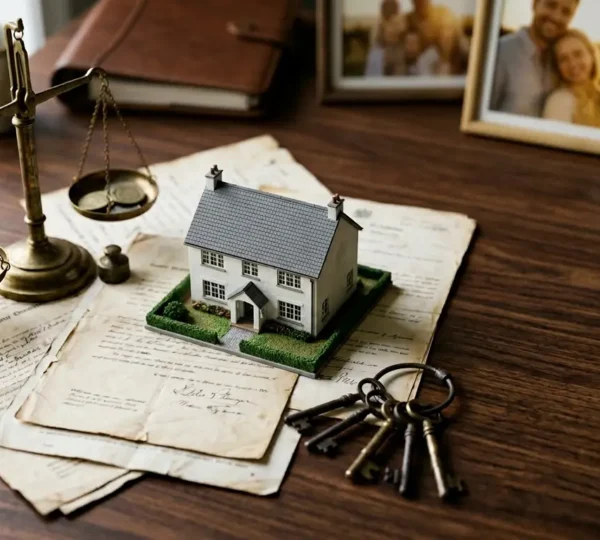 Vue en plongée d'une maison familiale entourée de documents administratifs et d'une balance symbolisant l'évaluation et l'équité fiscale dans le cadre d'une succession immobilière