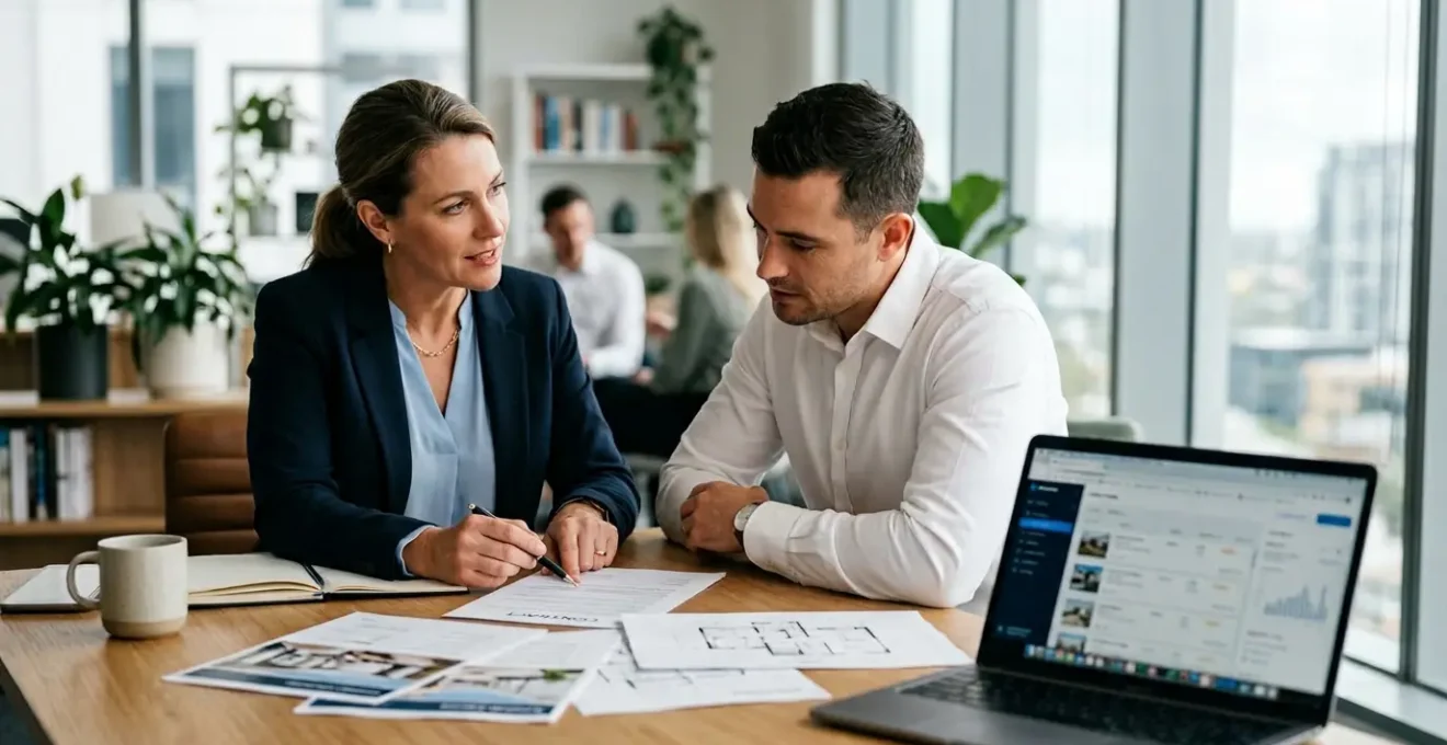 Vendeur et agent immobilier consultant des documents de transaction dans un bureau moderne