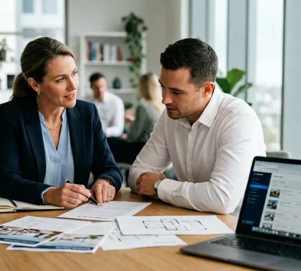 Vendeur et agent immobilier consultant des documents de transaction dans un bureau moderne