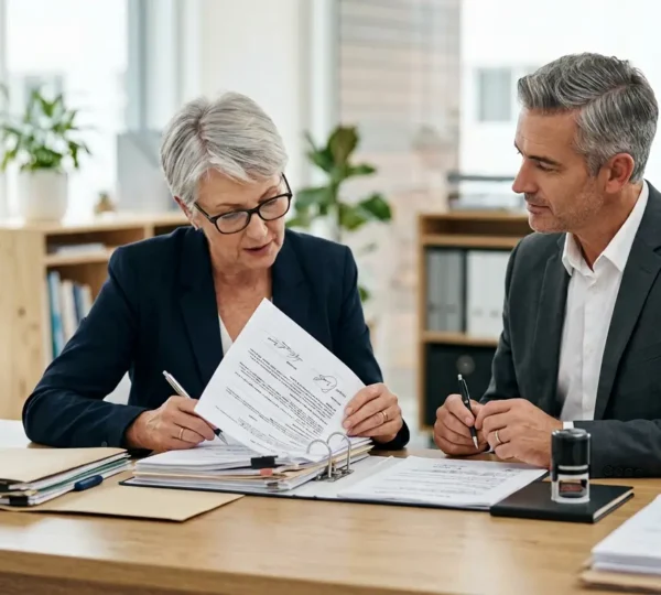 Propriétaire vendeur examinant des documents immobiliers avec un notaire dans un bureau moderne
