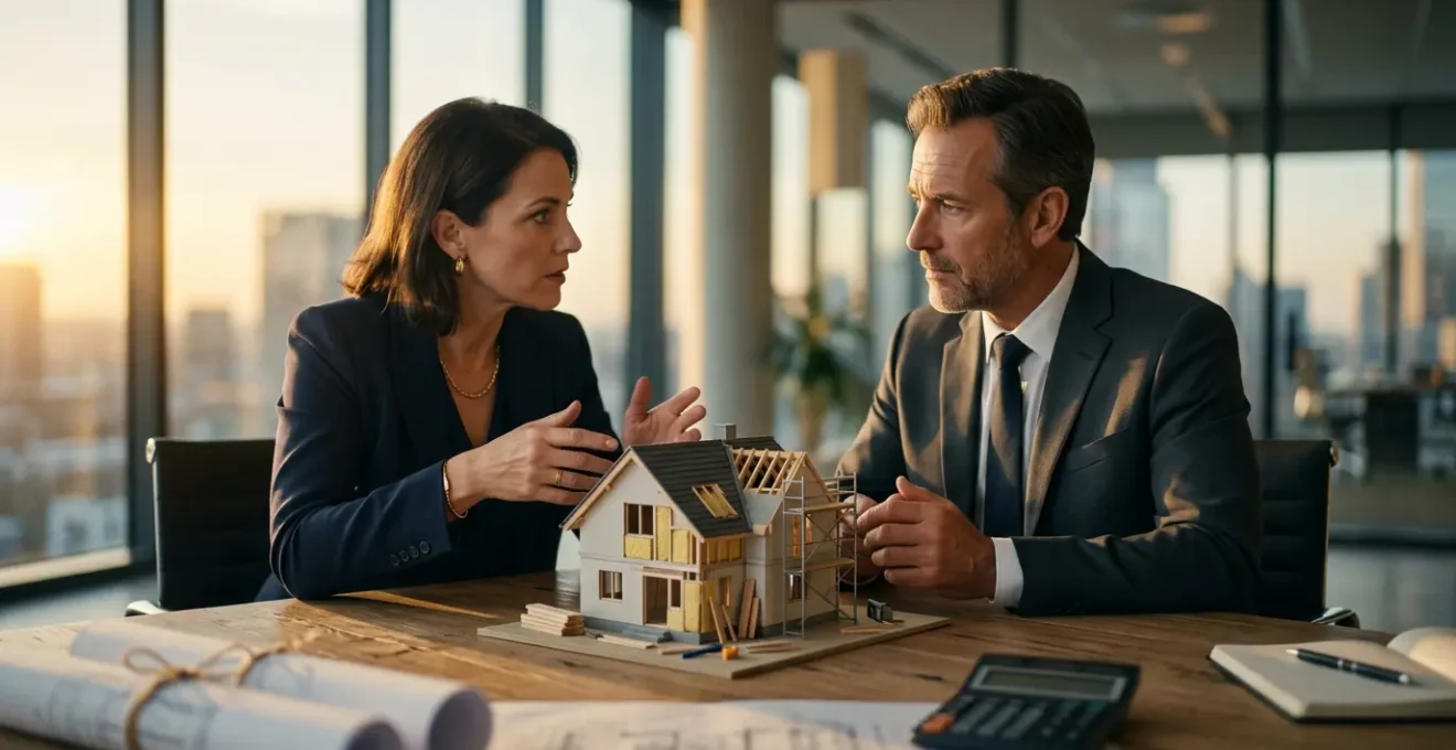 Vendeur et acheteur négociant autour d'une maison avec des éléments symbolisant la rénovation énergétique