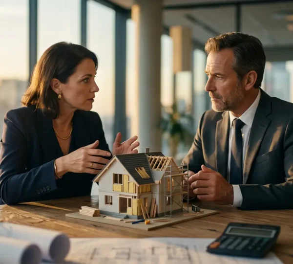 Vendeur et acheteur négociant autour d'une maison avec des éléments symbolisant la rénovation énergétique