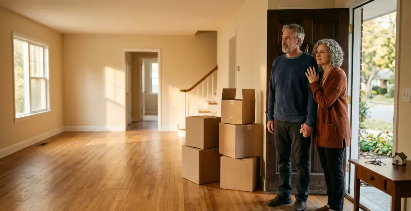 Maison familiale avec cartons de déménagement et couple contemplant leur départ