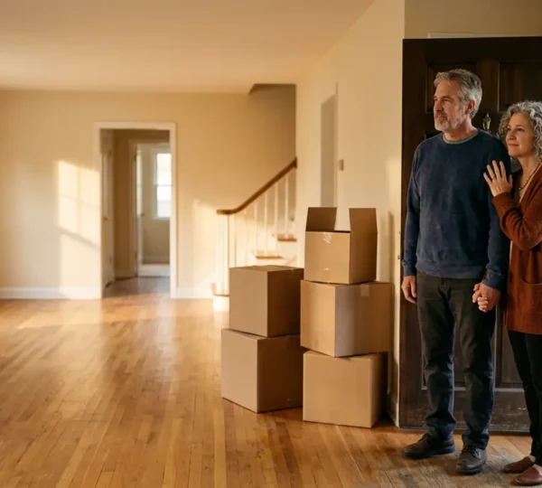 Maison familiale avec cartons de déménagement et couple contemplant leur départ
