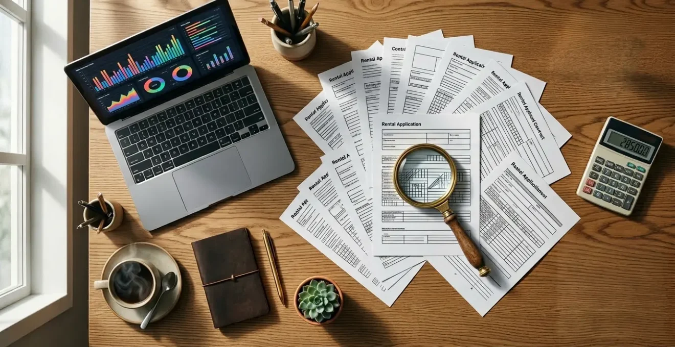 Bureau avec documents de location et ordinateur portable montrant une analyse de dossier locataire