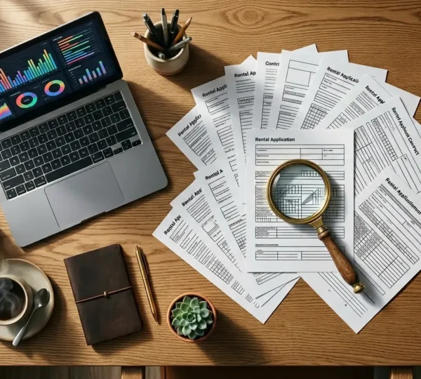 Bureau avec documents de location et ordinateur portable montrant une analyse de dossier locataire