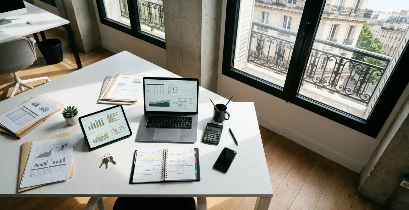 Bureau moderne avec outils de gestion immobilière et indicateurs de performance