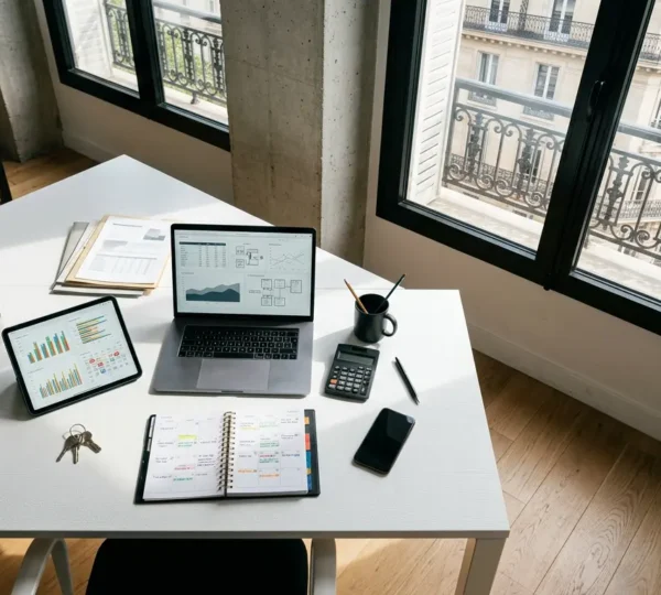 Bureau moderne avec outils de gestion immobilière et indicateurs de performance