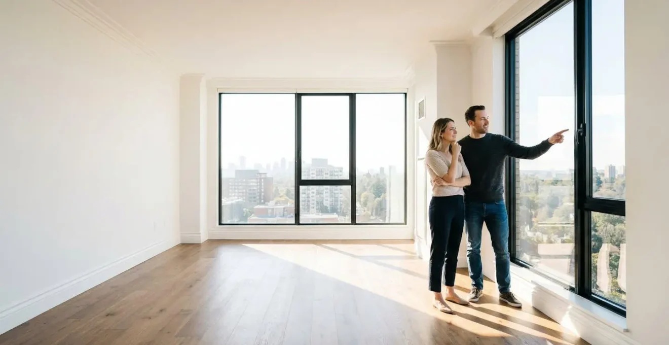 Couple d'acheteurs en phase de projection émotionnelle dans un appartement lumineux
