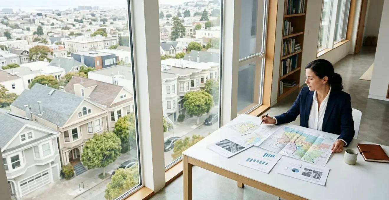 Agent immobilier analysant des données micro-locales dans un bureau avec vue sur le quartier