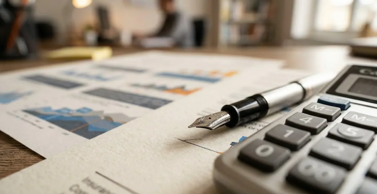 Vue macro de documents d'assurance avec calculatrice et graphiques flous en arrière-plan