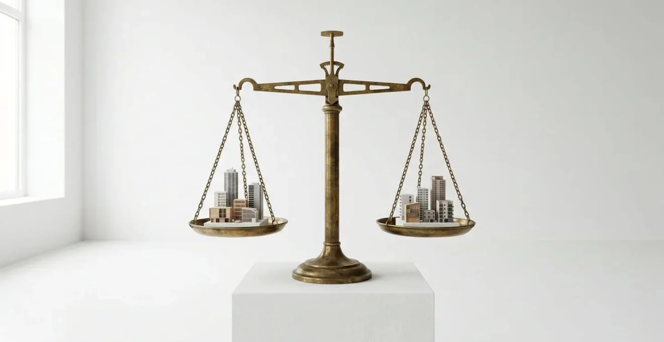 Vue minimaliste d'une balance ancienne en équilibre avec des maisons miniatures