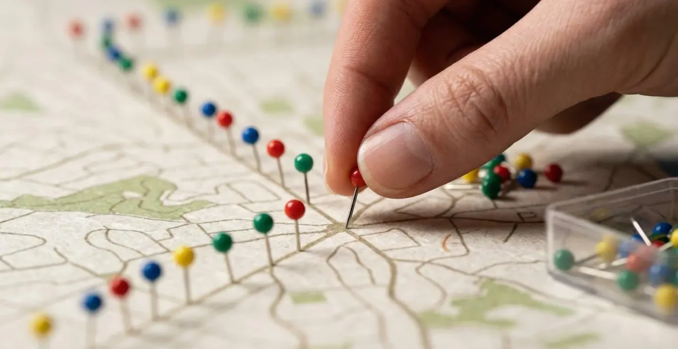 Vue macro détaillée de mains analysant une carte immobilière avec des épingles colorées marquant différents prix