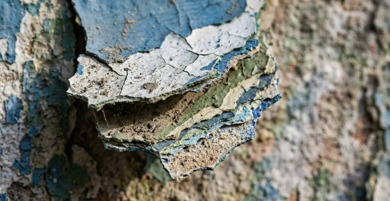 Gros plan macro sur écailles de peinture ancienne révélant plusieurs couches colorées sur un mur